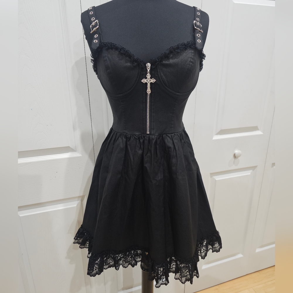 Dolls Kill Goth Widow Burn The Throne Zip Bustier Cross Mini Black Dress S NWT